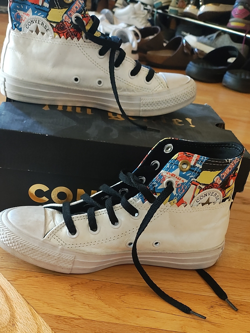 Converse White High Top Sneakers with Multicolor Graphic Collar and Black Laces